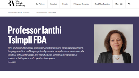 Image of Prof Ianthi Tsimpli FBA, elected Fellow of British Academy