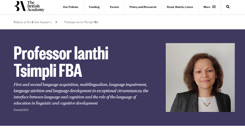 Image of Prof Ianthi Tsimpli FBA, elected Fellow of British Academy